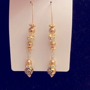 🐸 Golden Rhinestone Rose Dangle Drop Earrings
